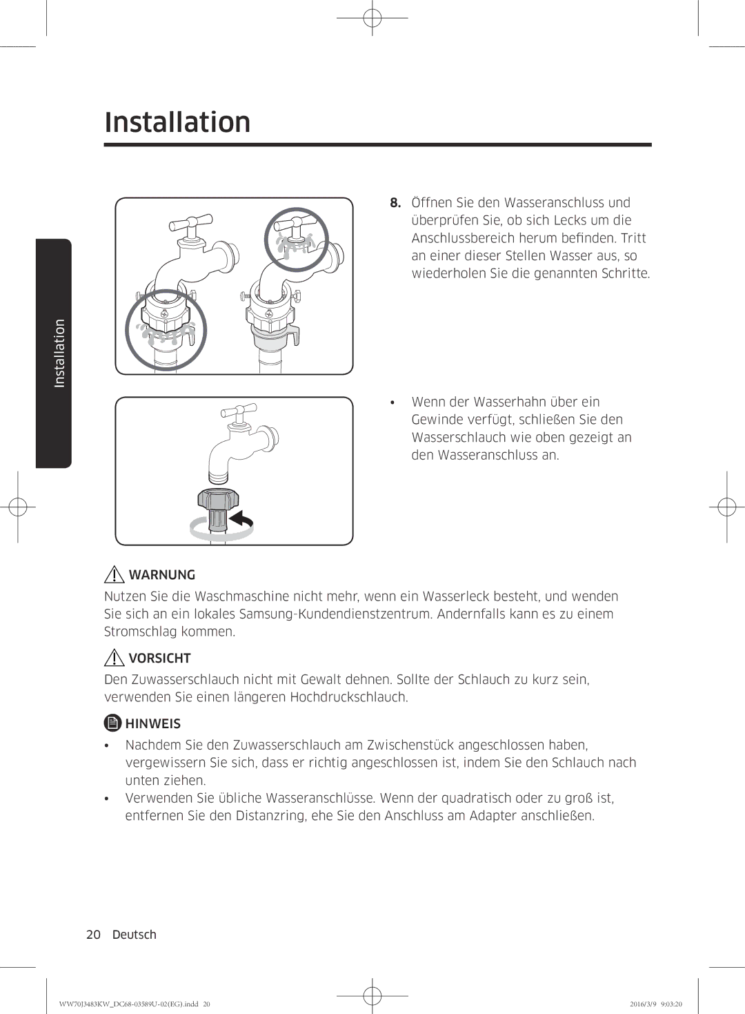 Samsung WW70J3473KW/EG, WW70J3483KW/EG, WW70J3483KW/WS manual Warnung 