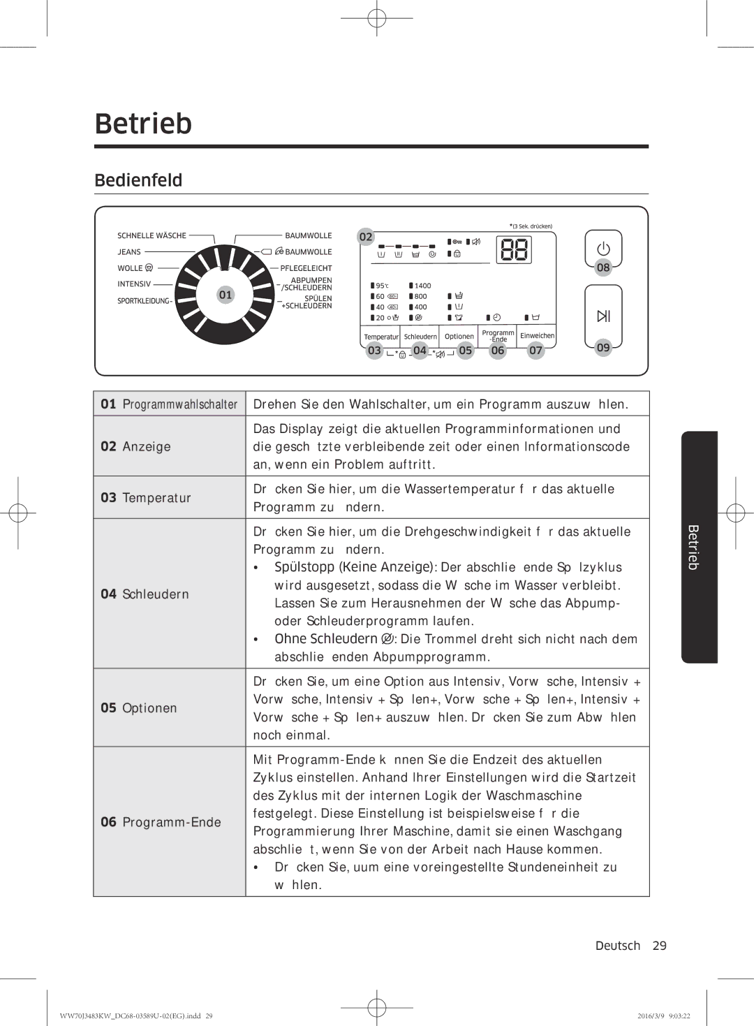 Samsung WW70J3473KW/EG, WW70J3483KW/EG, WW70J3483KW/WS manual Betrieb, Bedienfeld 