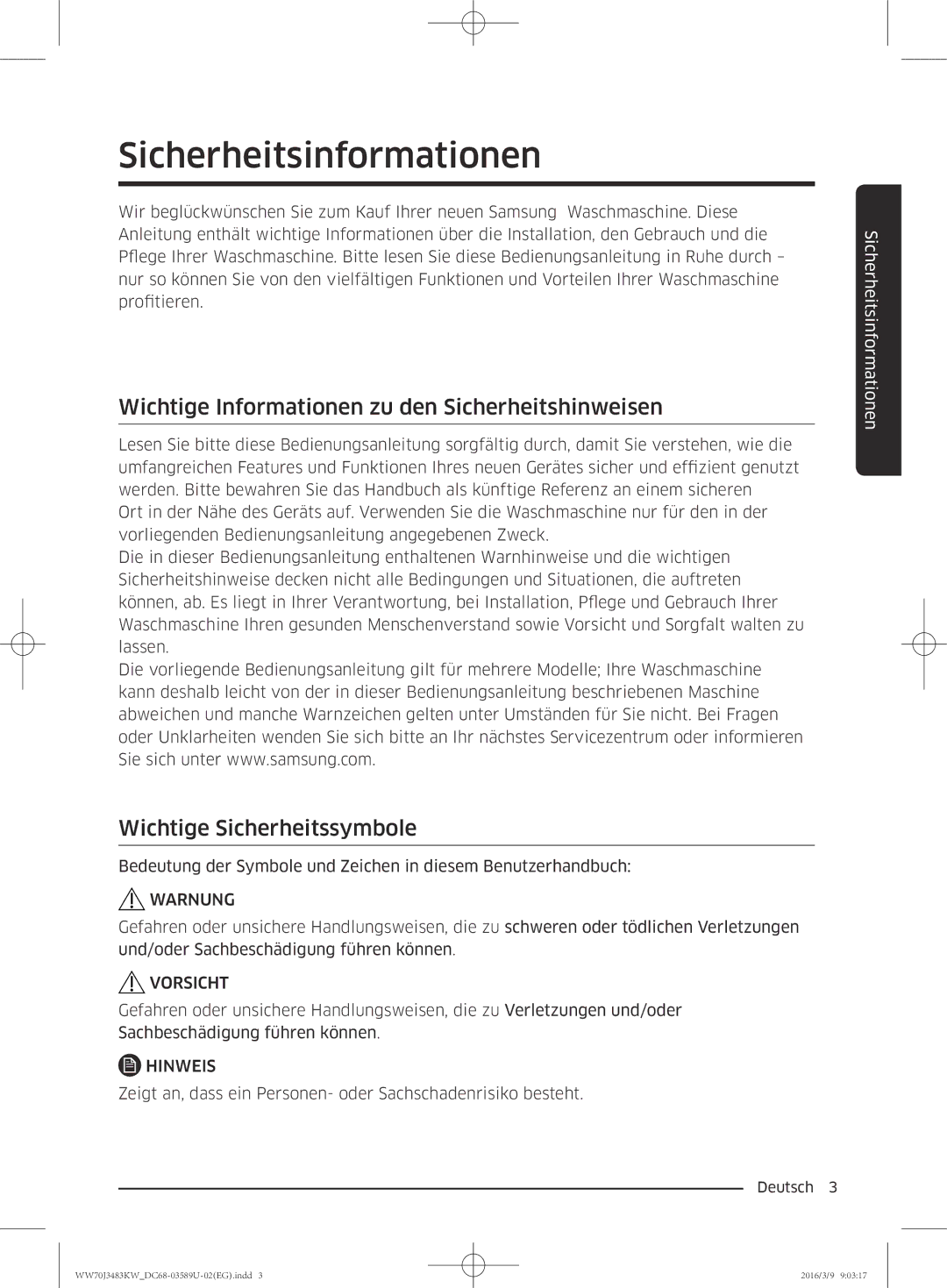 Samsung WW70J3483KW/EG, WW70J3483KW/WS manual Sicherheitsinformationen, Wichtige Informationen zu den Sicherheitshinweisen 