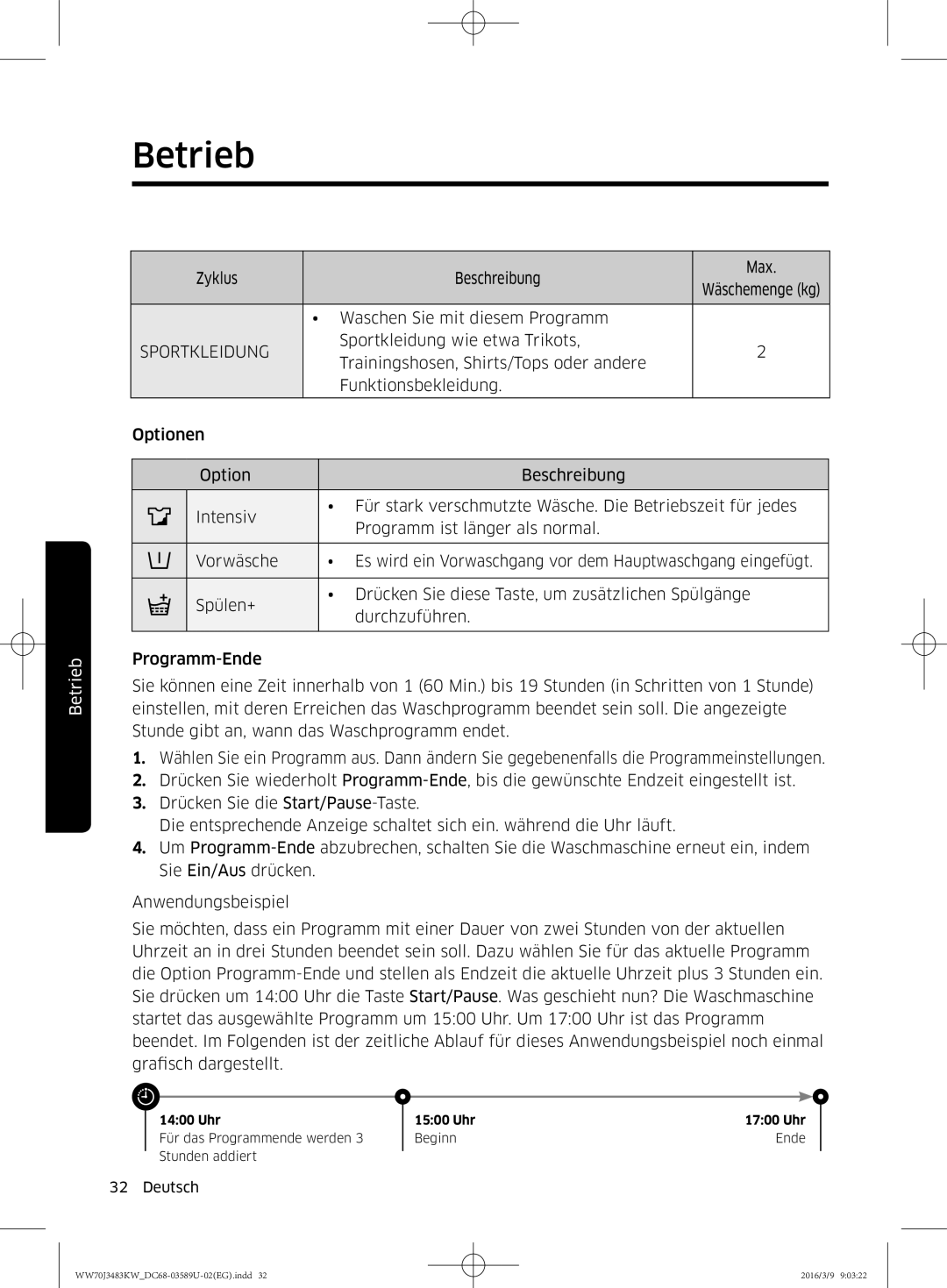 Samsung WW70J3473KW/EG, WW70J3483KW/EG, WW70J3483KW/WS manual Sportkleidung 