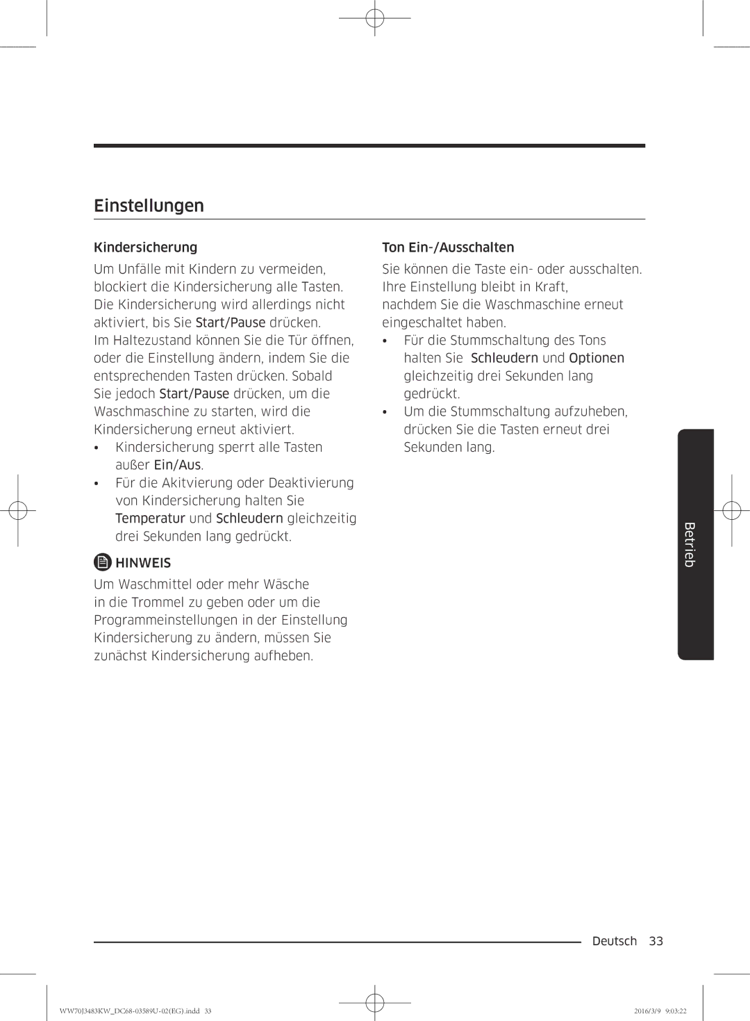 Samsung WW70J3483KW/EG, WW70J3483KW/WS, WW70J3473KW/EG manual Einstellungen 