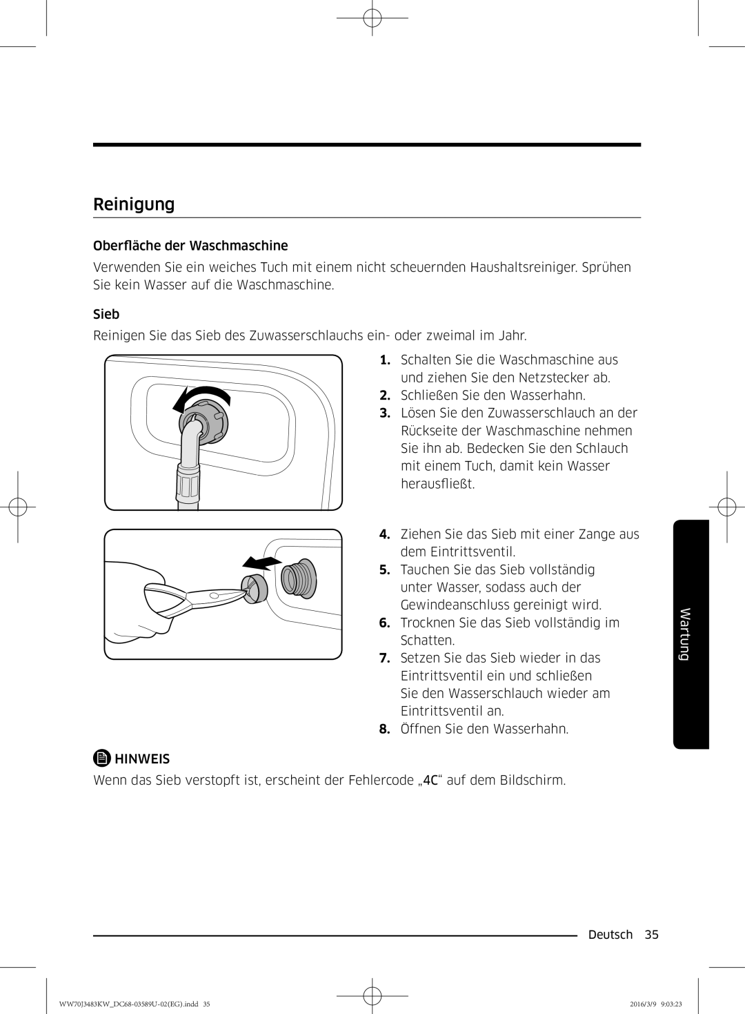 Samsung WW70J3473KW/EG, WW70J3483KW/EG, WW70J3483KW/WS manual Reinigung 