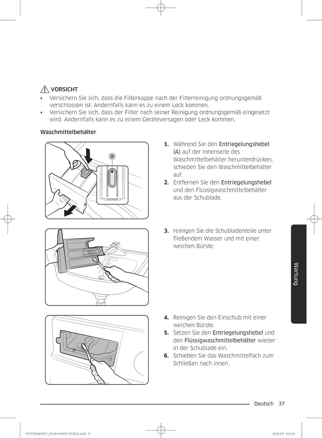 Samsung WW70J3483KW/WS, WW70J3483KW/EG, WW70J3473KW/EG manual Vorsicht 