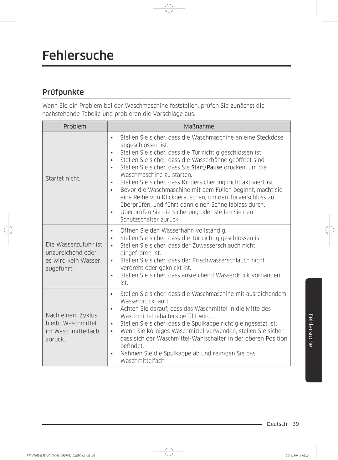 Samsung WW70J3483KW/EG, WW70J3483KW/WS, WW70J3473KW/EG manual Fehlersuche, Prüfpunkte 