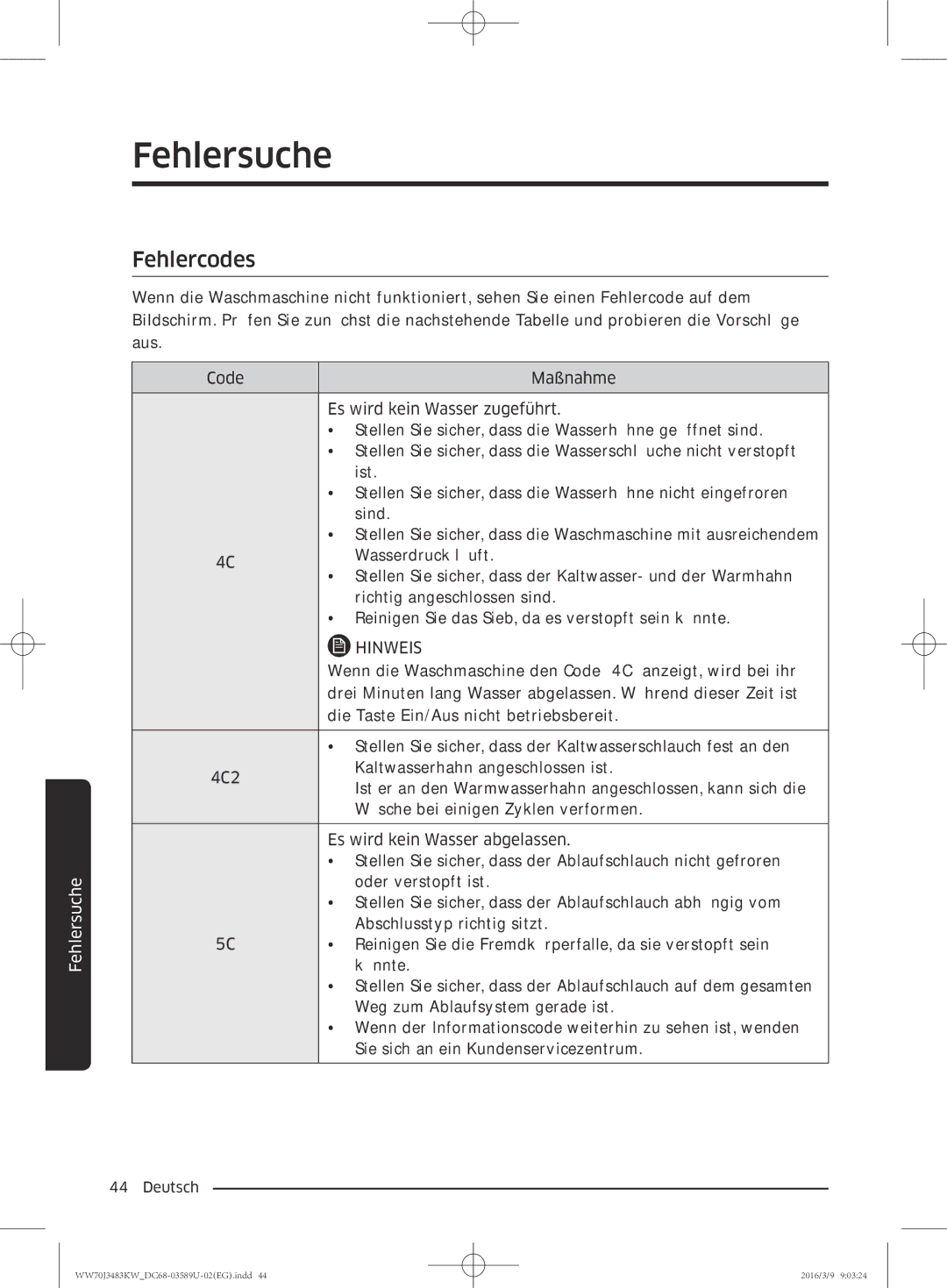 Samsung WW70J3473KW/EG, WW70J3483KW/EG, WW70J3483KW/WS manual Fehlercodes 