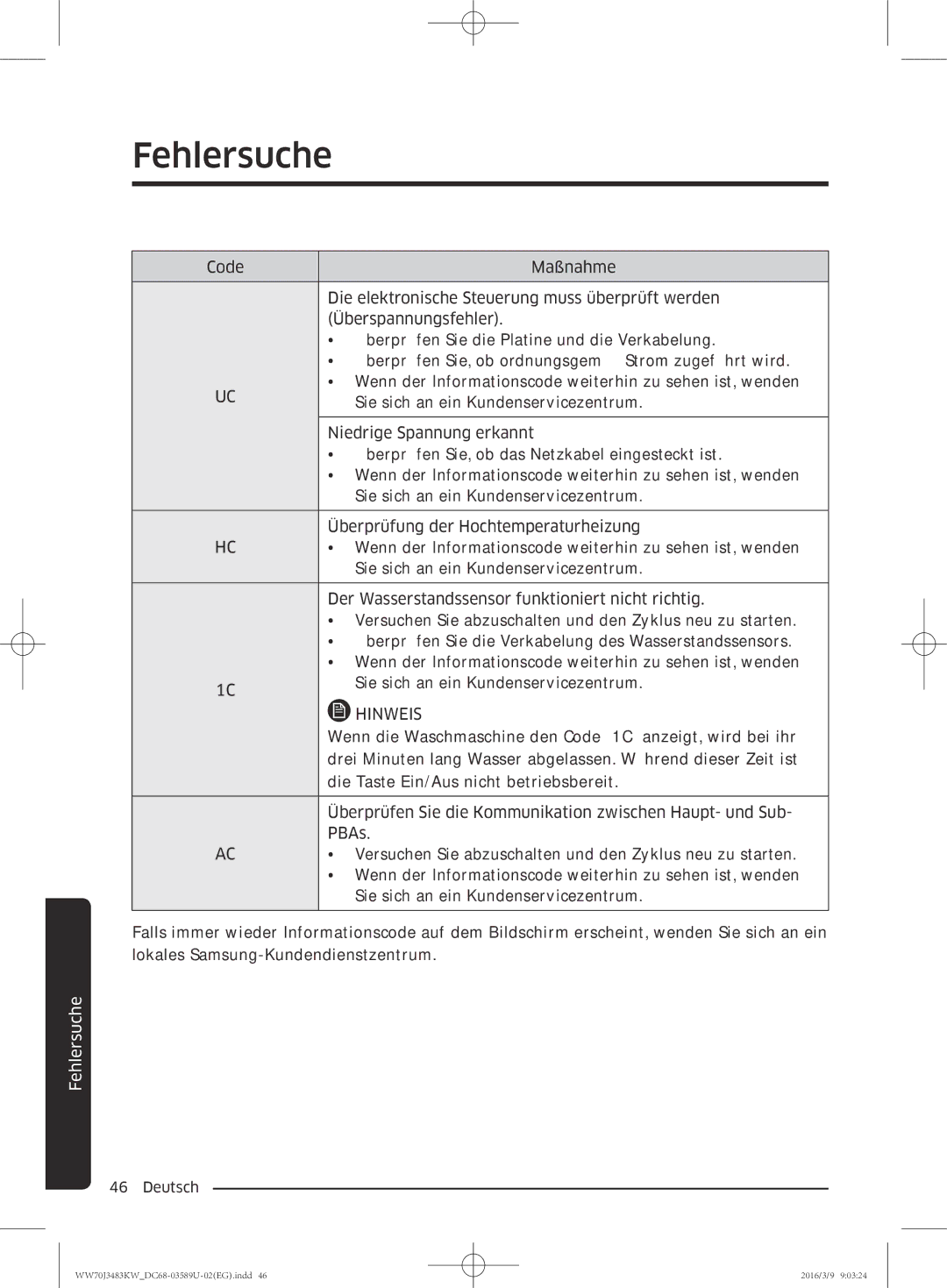 Samsung WW70J3483KW/WS, WW70J3483KW/EG, WW70J3473KW/EG manual Wenn die Waschmaschine den Code „1C anzeigt, wird bei ihr 