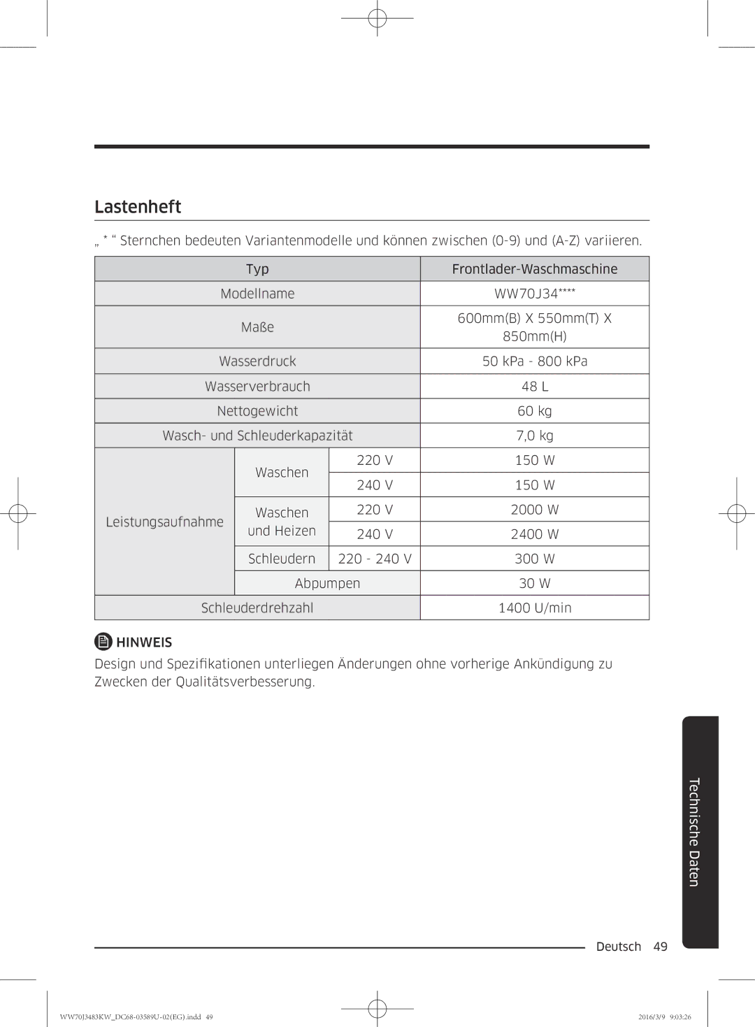 Samsung WW70J3483KW/WS, WW70J3483KW/EG, WW70J3473KW/EG manual Lastenheft 