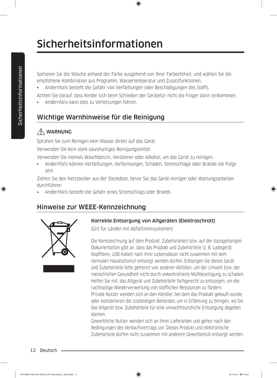 Samsung WW70J3483KW/EG, WW70J3483KW/WS manual Wichtige Warnhinweise für die Reinigung, Hinweise zur WEEE-Kennzeichnung 