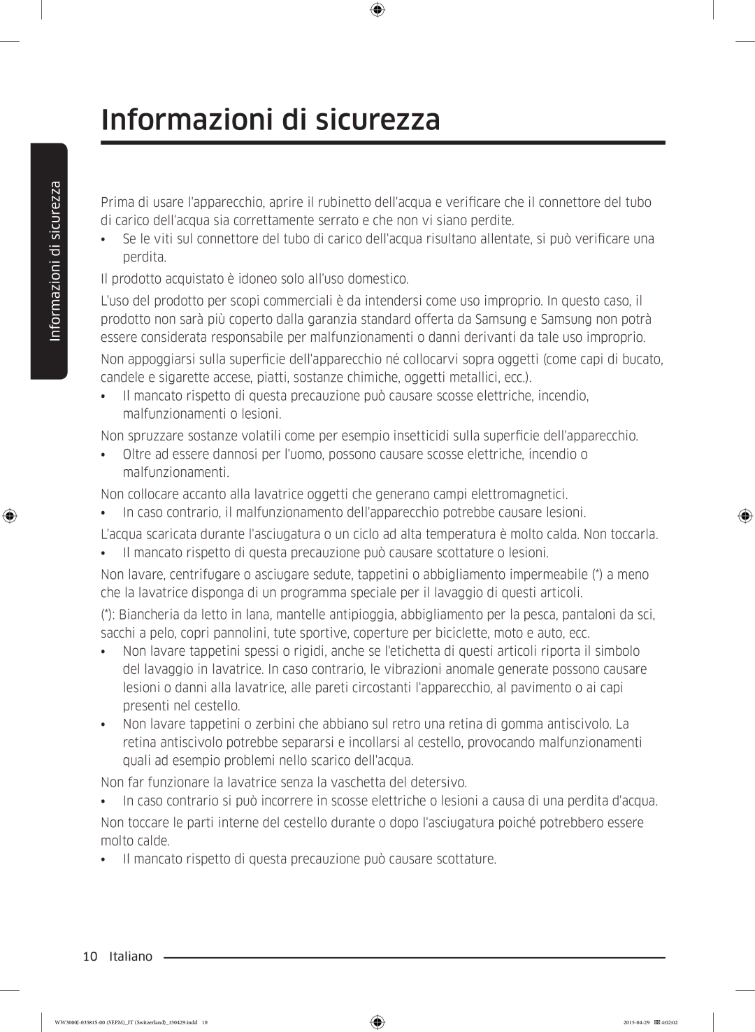 Samsung WW70J3483KW/EG, WW70J3483KW/WS manual Informazioni di sicurezza 