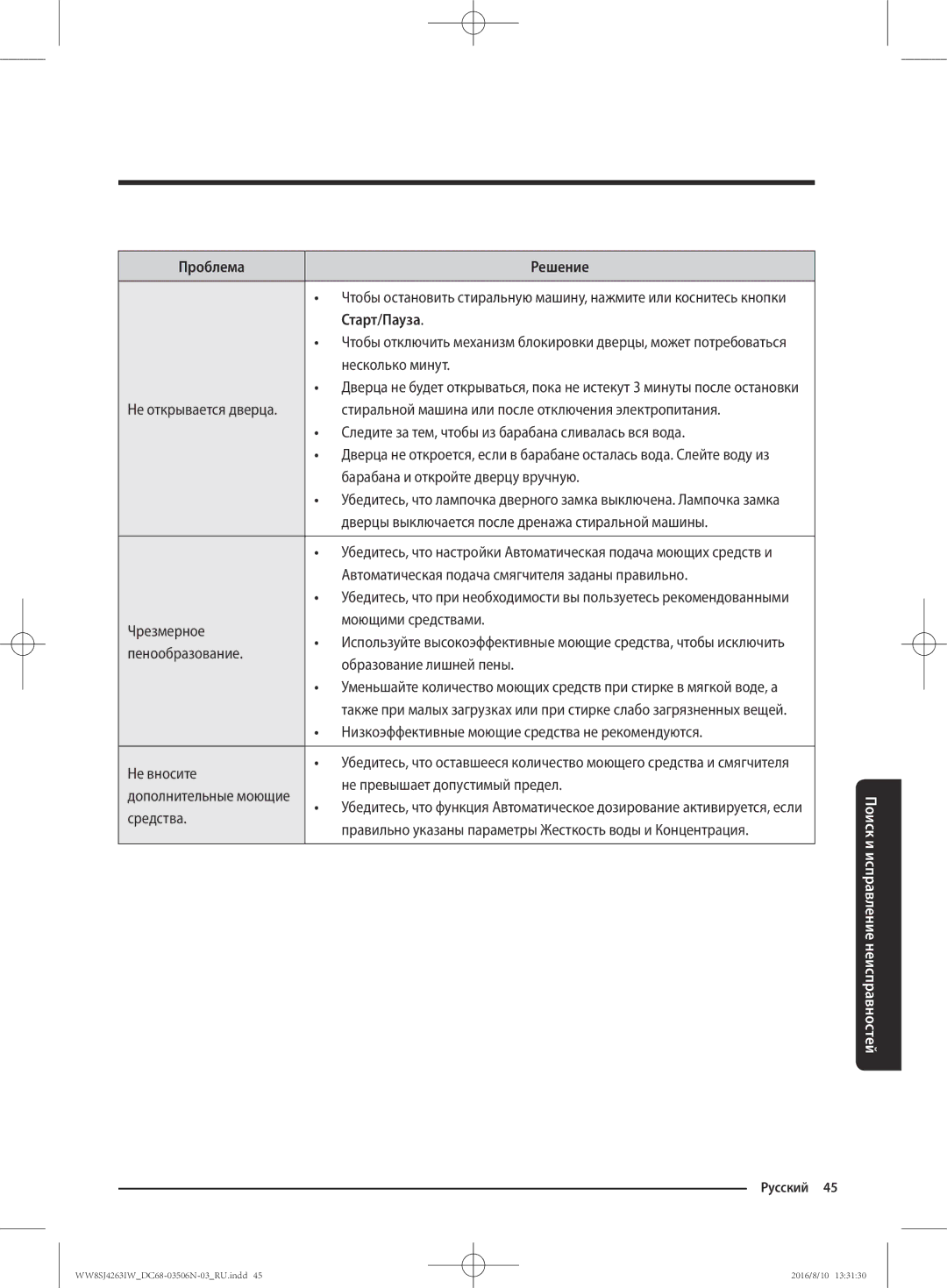 Samsung WW6SJ4263LW/KJ, WW70J4260GS/KJ, WW6SJ4063LW/KJ, WW7SJ4260GS/KJ, WW8HJ4260KW/KJ, WW8SJ4263IW/KJ manual Старт/Пауза 