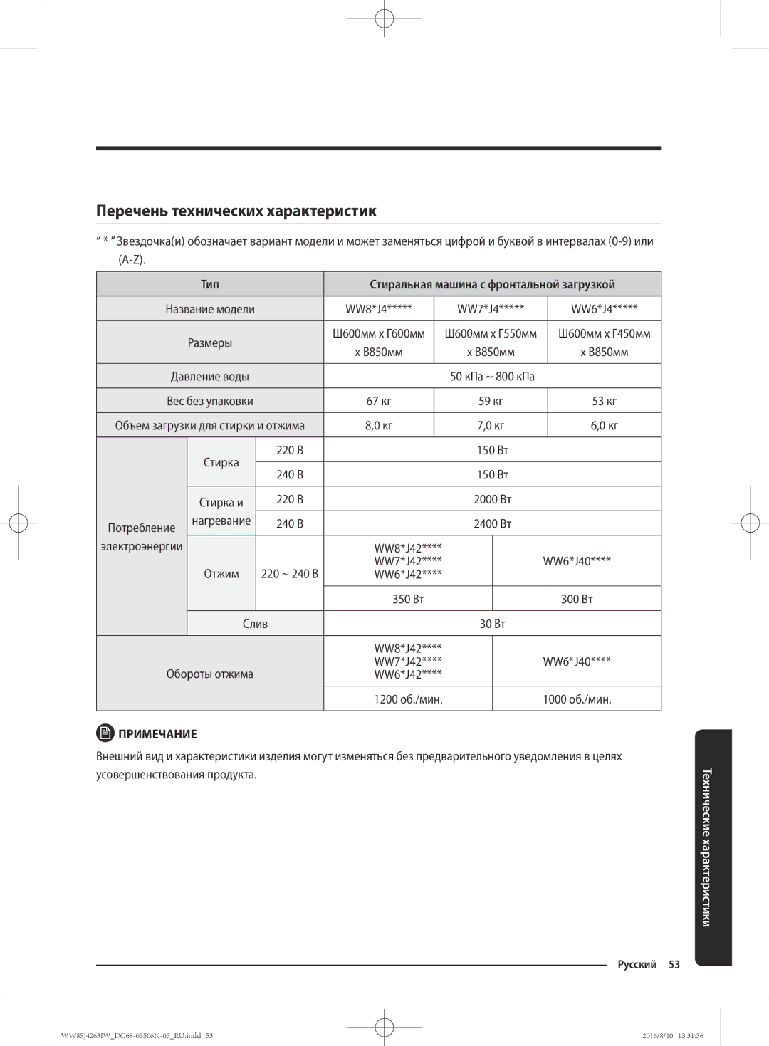 Samsung WW6SJ4063LW/KJ, WW70J4260GS/KJ, WW7SJ4260GS/KJ, WW8HJ4260KW/KJ manual Перечень технических характеристик, Тип, Слив 