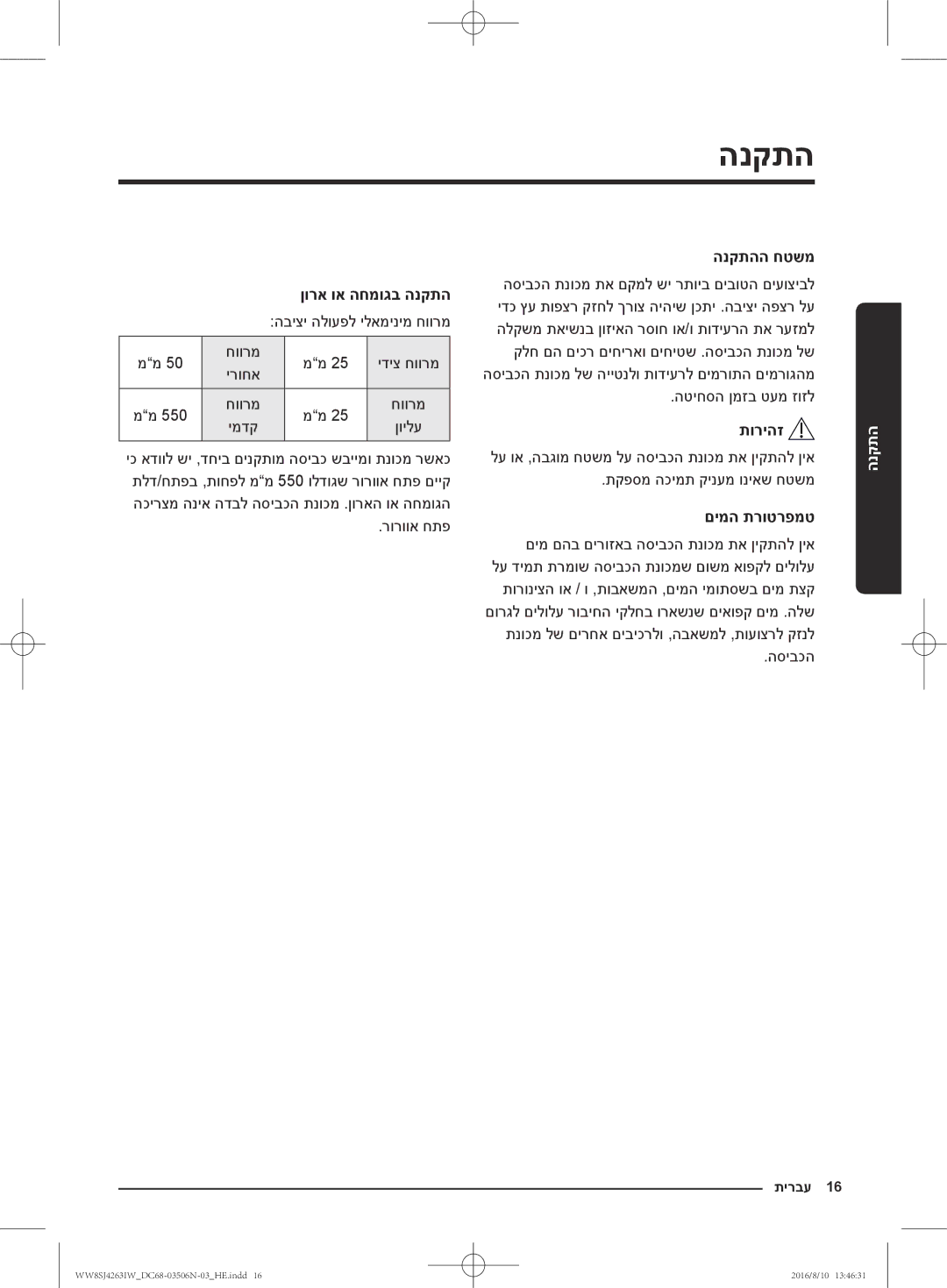 Samsung WW7HJ4263KW/KJ, WW70J4260GS/KJ, WW6SJ4063LW/KJ, WW7SJ4260GS/KJ, WW8HJ4260KW/KJ manual הנקתהה חטשמ, םימה תרוטרפמט 