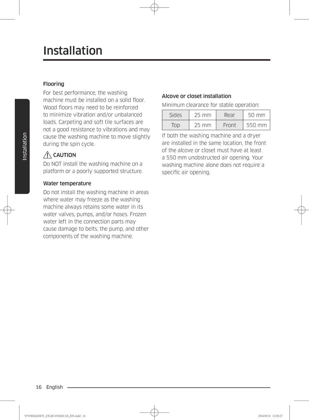 Samsung WW8SJ4263IW/KJ, WW70J4260GS/KJ, WW6SJ4063LW/KJ, WW7SJ4260GS/KJ, WW8HJ4260KW/KJ, WW6SJ4263LW/KJ manual Installation 