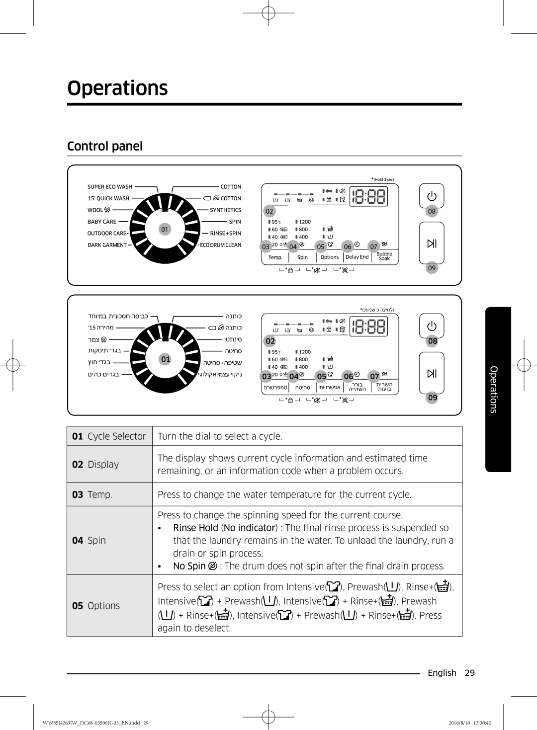 Samsung WW6SJ4263LW/KJ, WW70J4260GS/KJ, WW6SJ4063LW/KJ, WW7SJ4260GS/KJ, WW8HJ4260KW/KJ manual Operations, Control panel 