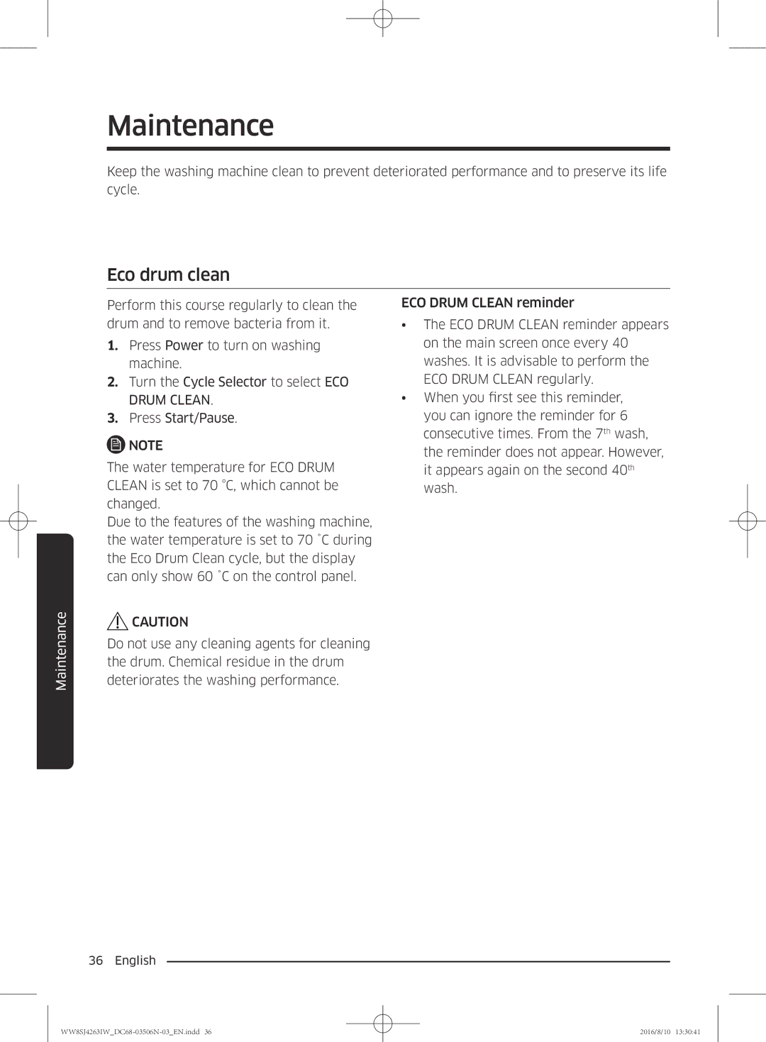 Samsung WW70J4260GS/KJ, WW6SJ4063LW/KJ, WW7SJ4260GS/KJ, WW8HJ4260KW/KJ, WW8SJ4263IW/KJ manual Maintenance, Eco drum clean 