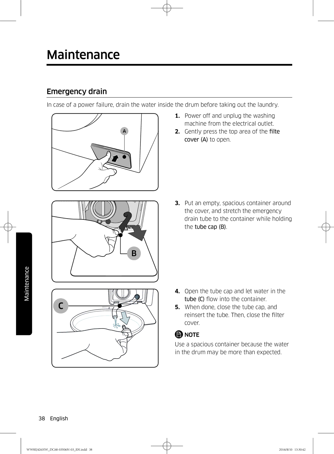 Samsung WW7SJ4260GS/KJ, WW70J4260GS/KJ, WW6SJ4063LW/KJ, WW8HJ4260KW/KJ, WW8SJ4263IW/KJ, WW6SJ4263LW/KJ manual Emergency drain 