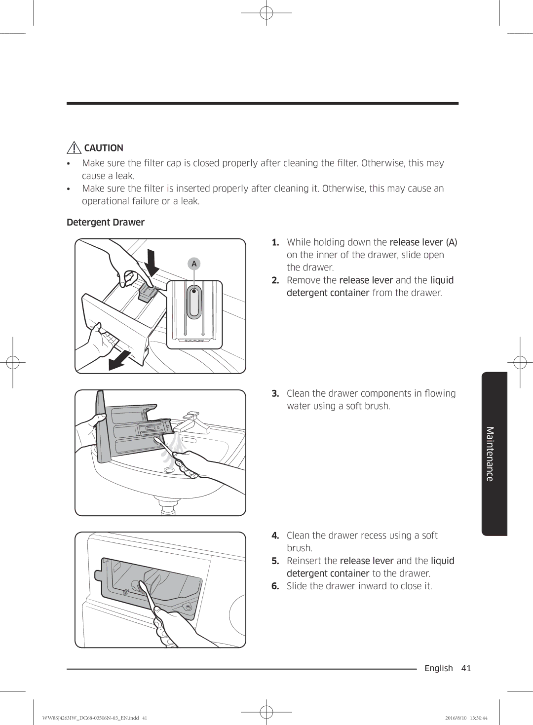 Samsung WW6SJ4263LW/KJ, WW70J4260GS/KJ, WW6SJ4063LW/KJ, WW7SJ4260GS/KJ, WW8HJ4260KW/KJ, WW8SJ4263IW/KJ manual Maintenance 