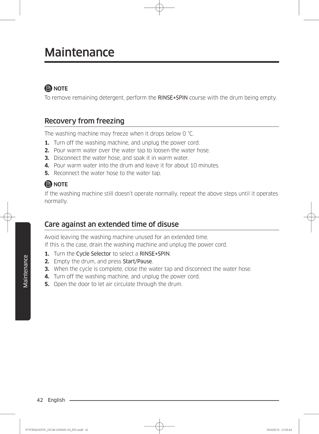 Samsung WW80J4260GS/KJ, WW70J4260GS/KJ, WW6SJ4063LW/KJ manual Recovery from freezing, Care against an extended time of disuse 