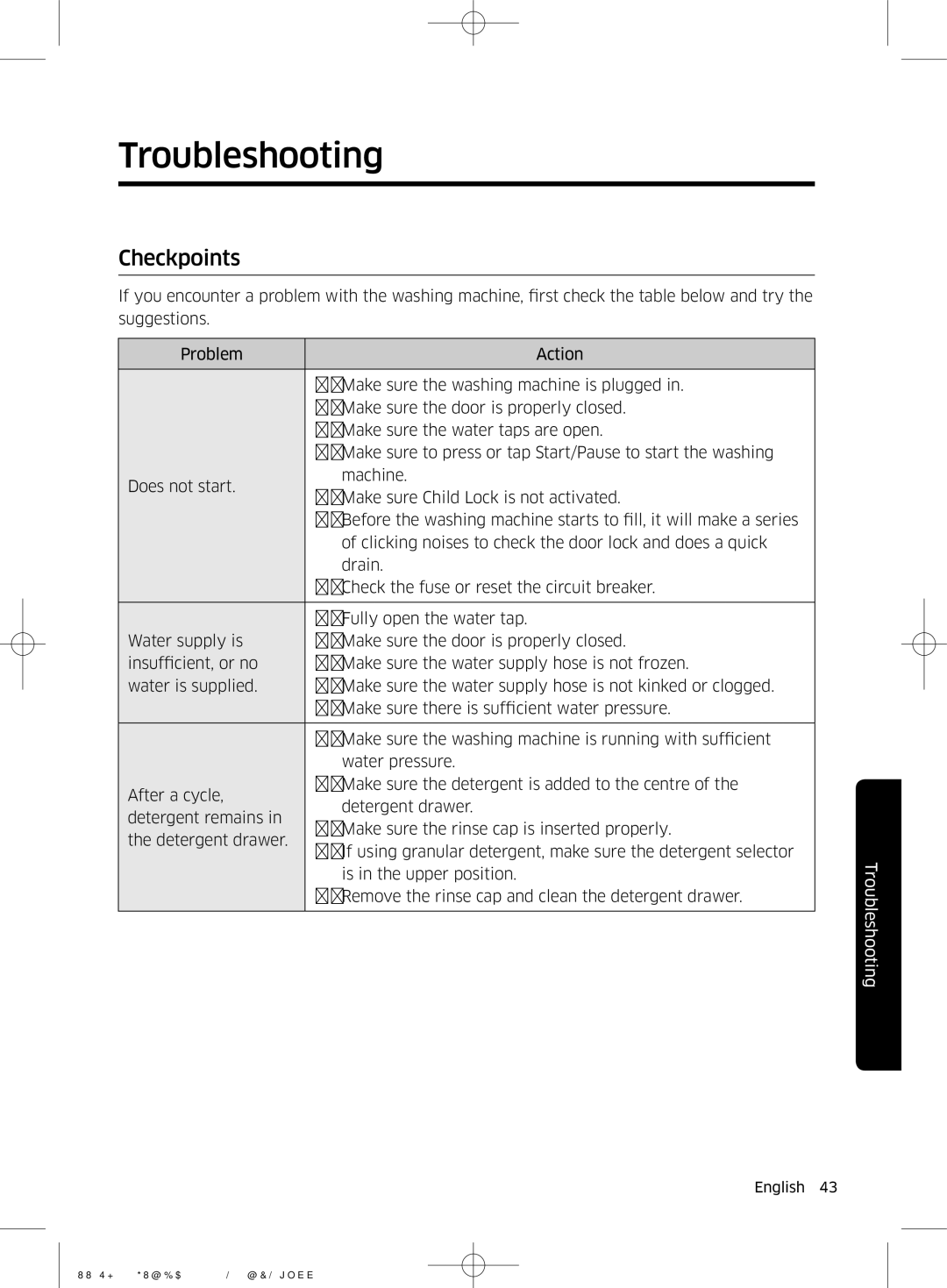 Samsung WW6HJ4063LW/KJ, WW70J4260GS/KJ, WW6SJ4063LW/KJ, WW7SJ4260GS/KJ, WW8HJ4260KW/KJ manual Troubleshooting, Checkpoints 