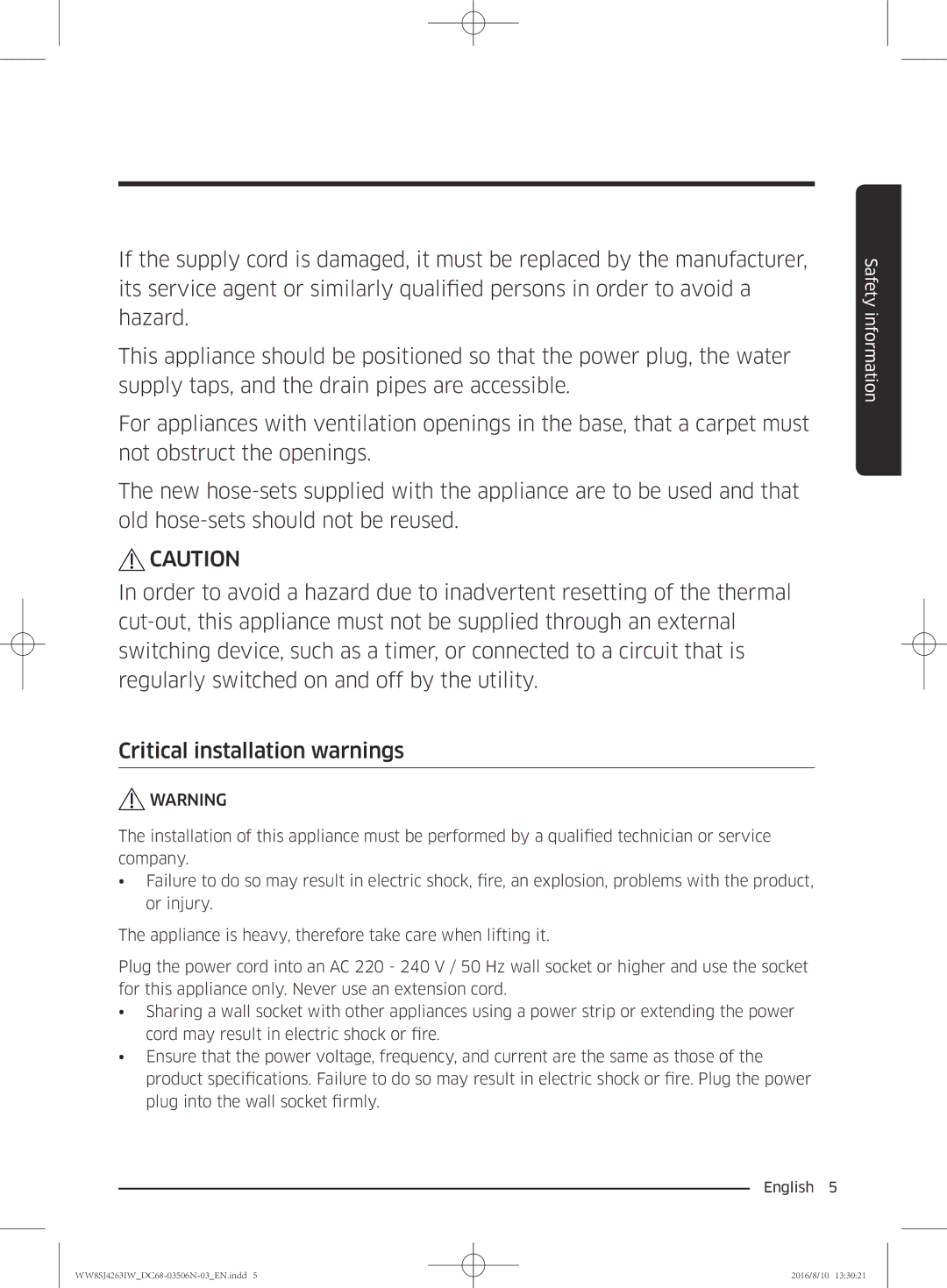 Samsung WW6SJ4263LW/KJ, WW70J4260GS/KJ, WW6SJ4063LW/KJ, WW7SJ4260GS/KJ, WW8HJ4260KW/KJ, WW8SJ4263IW/KJ manual Safety information 