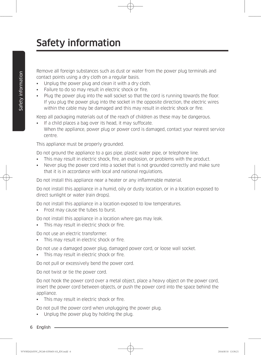 Samsung WW80J4260GS/KJ, WW70J4260GS/KJ, WW6SJ4063LW/KJ, WW7SJ4260GS/KJ, WW8HJ4260KW/KJ, WW8SJ4263IW/KJ manual Safety information 