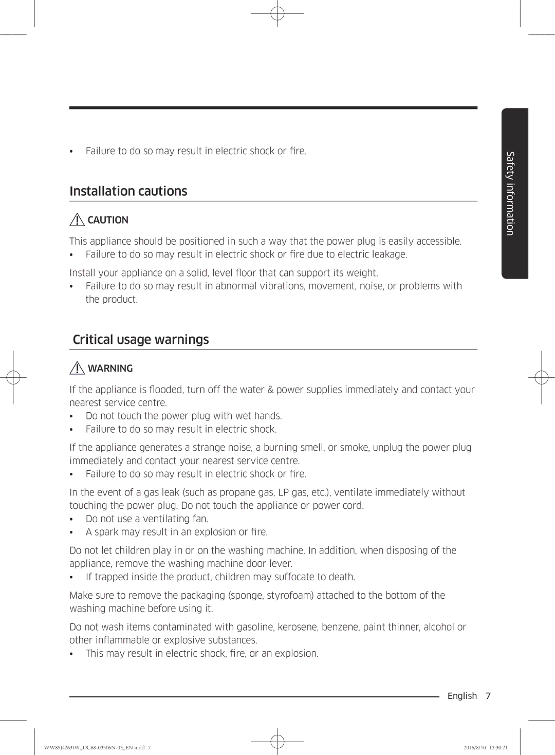 Samsung WW6HJ4063LW/KJ, WW70J4260GS/KJ, WW6SJ4063LW/KJ, WW7SJ4260GS/KJ manual Installation cautions, Critical usage warnings 