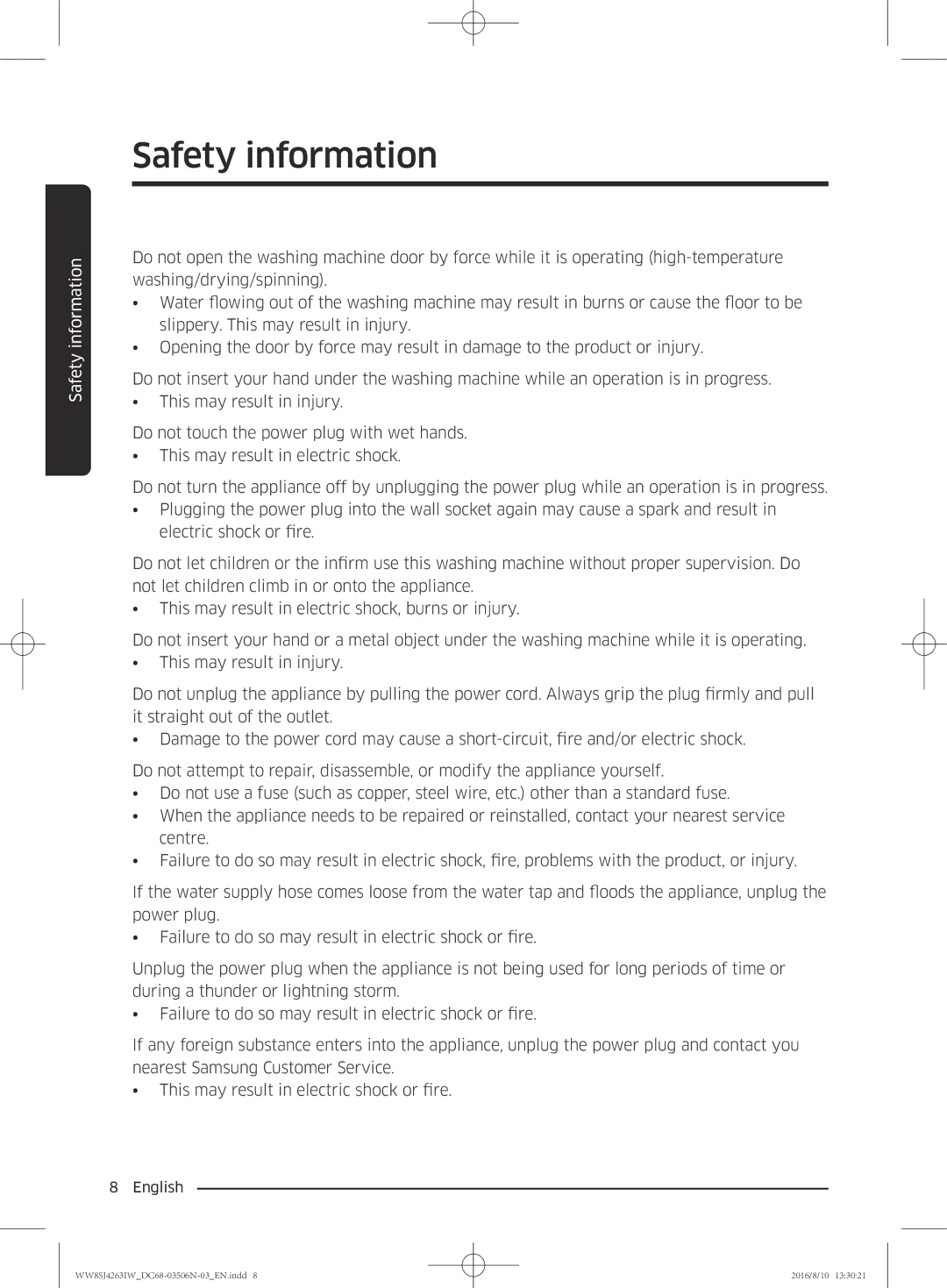 Samsung WW7HJ4263KW/KJ, WW70J4260GS/KJ, WW6SJ4063LW/KJ, WW7SJ4260GS/KJ, WW8HJ4260KW/KJ, WW8SJ4263IW/KJ manual Safety information 