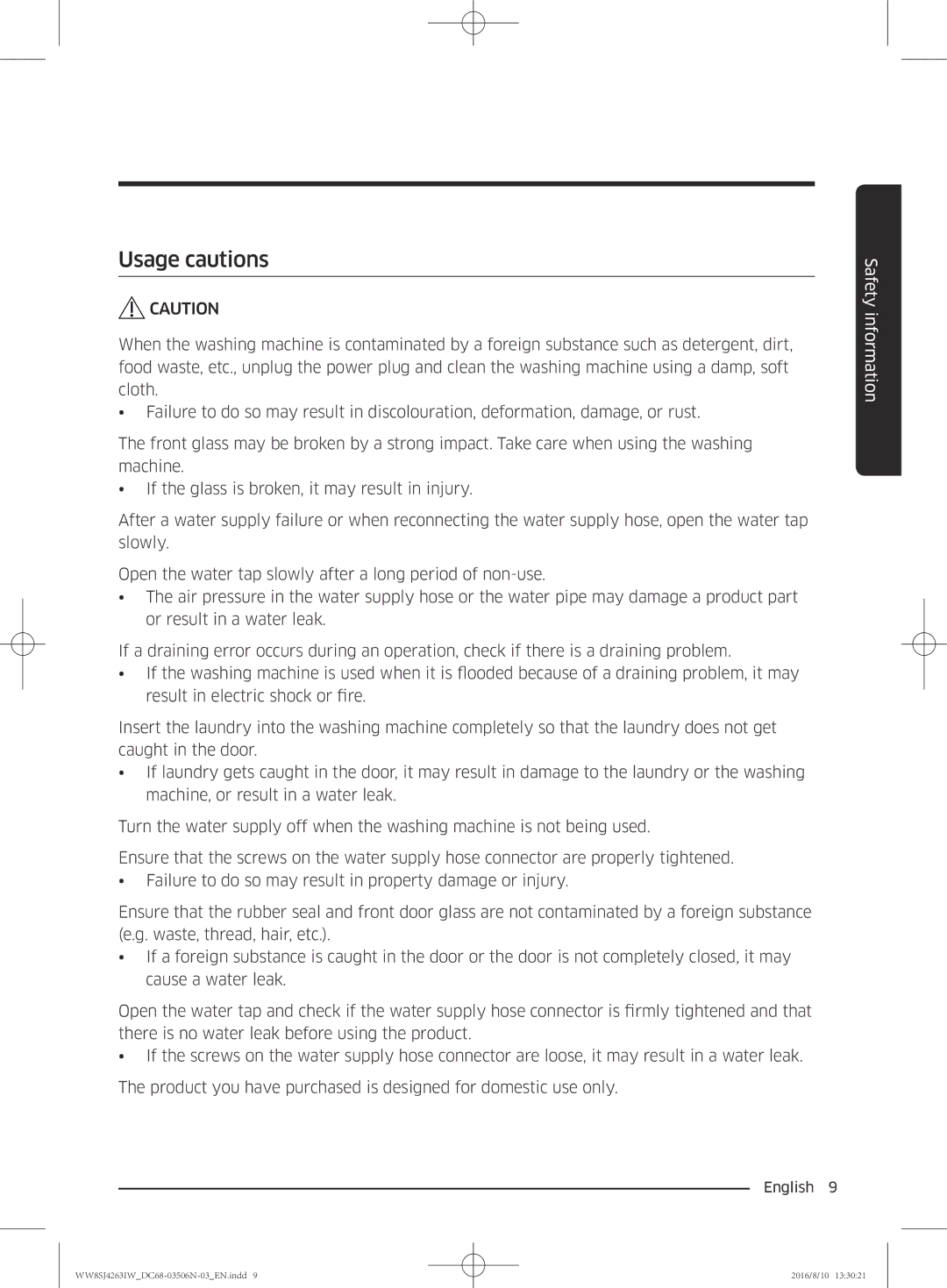 Samsung WW7SJ4260GW/KJ, WW70J4260GS/KJ, WW6SJ4063LW/KJ, WW7SJ4260GS/KJ, WW8HJ4260KW/KJ, WW8SJ4263IW/KJ manual Usage cautions 