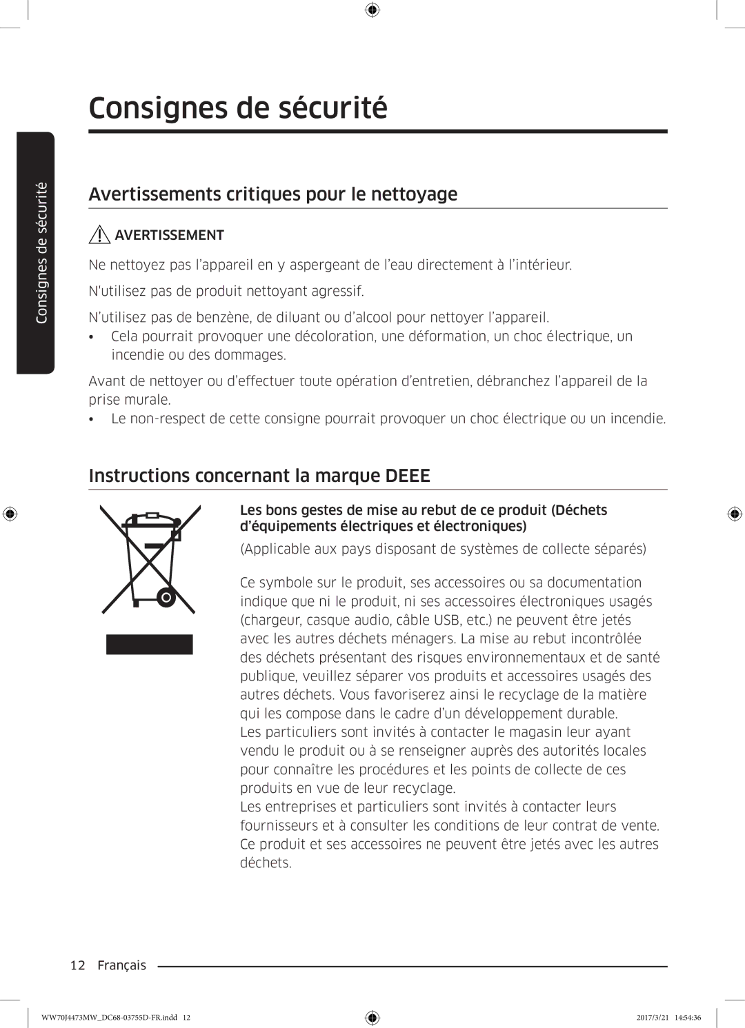 Samsung WW70J4273MW/EF, WW70J4473MW/EF Avertissements critiques pour le nettoyage, Instructions concernant la marque Deee 