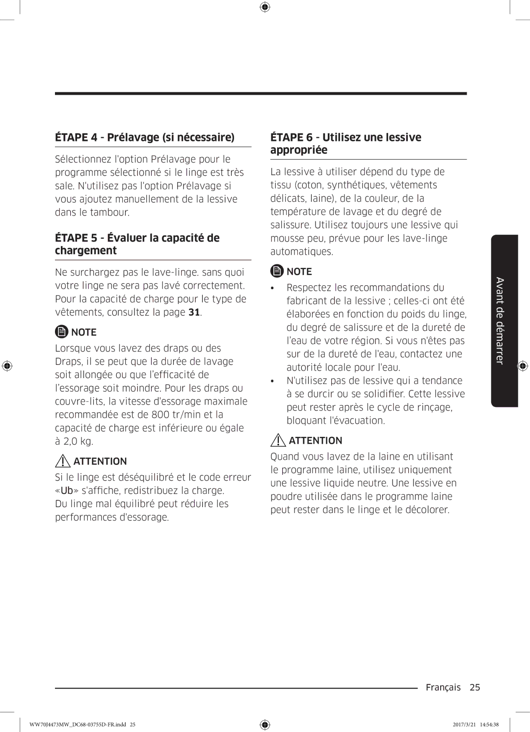 Samsung WW70J4473MW/EF, WW70J4273MW/EF manual Étape 4 Prélavage si nécessaire 