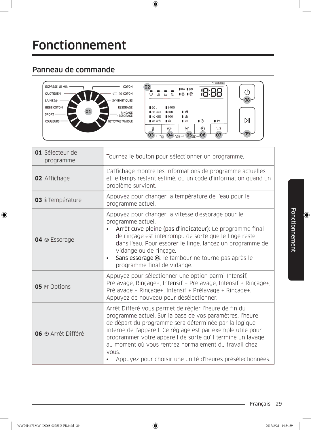 Samsung WW70J4473MW/EF, WW70J4273MW/EF manual Fonctionnement, Panneau de commande 