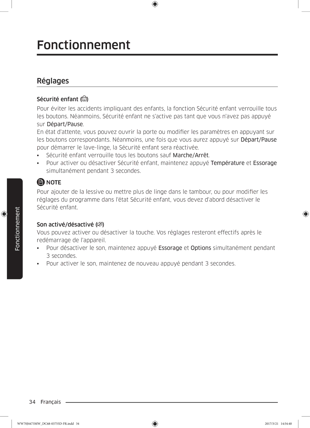 Samsung WW70J4273MW/EF, WW70J4473MW/EF manual Réglages 