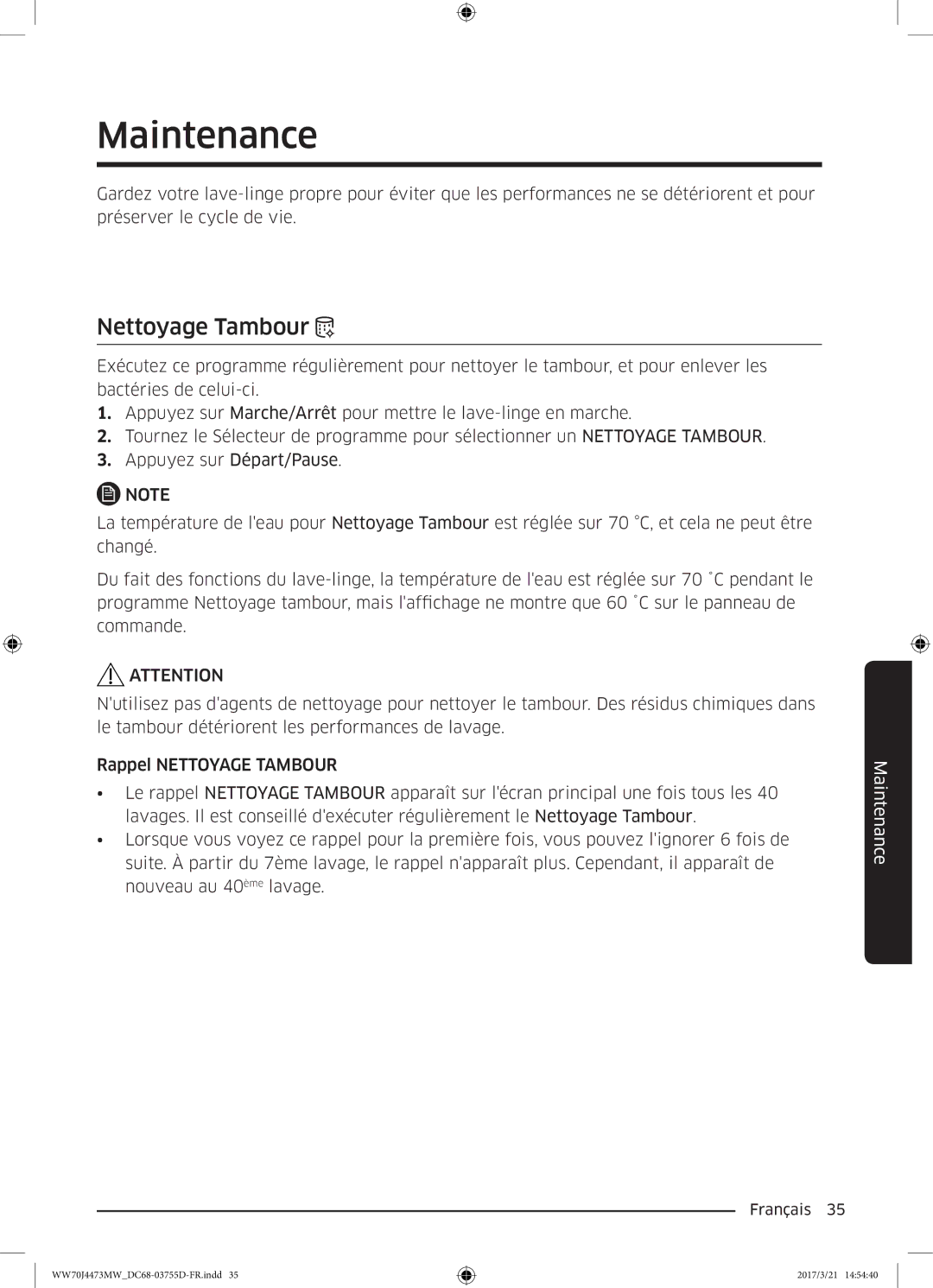 Samsung WW70J4473MW/EF, WW70J4273MW/EF manual Maintenance, Nettoyage Tambour 