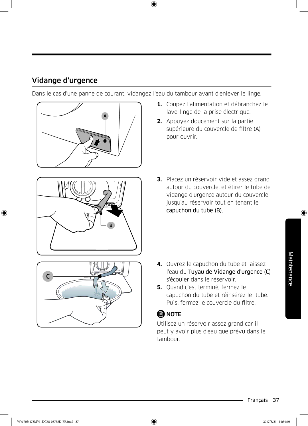 Samsung WW70J4473MW/EF, WW70J4273MW/EF manual Vidange d’urgence 