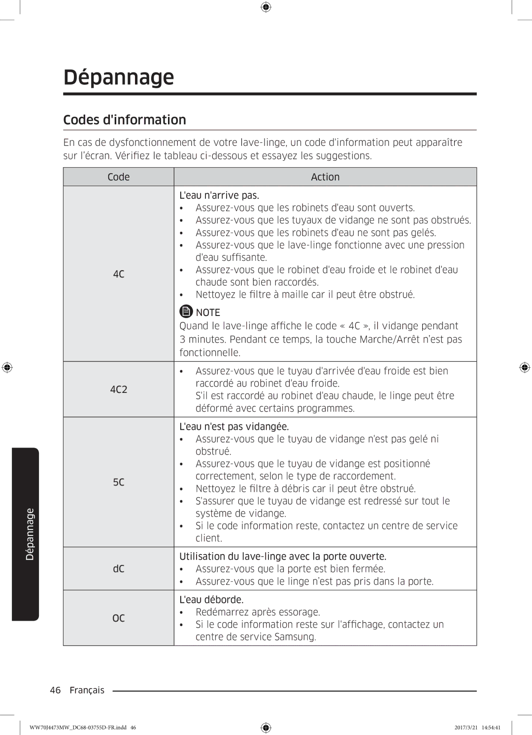 Samsung WW70J4273MW/EF, WW70J4473MW/EF manual Codes dinformation 