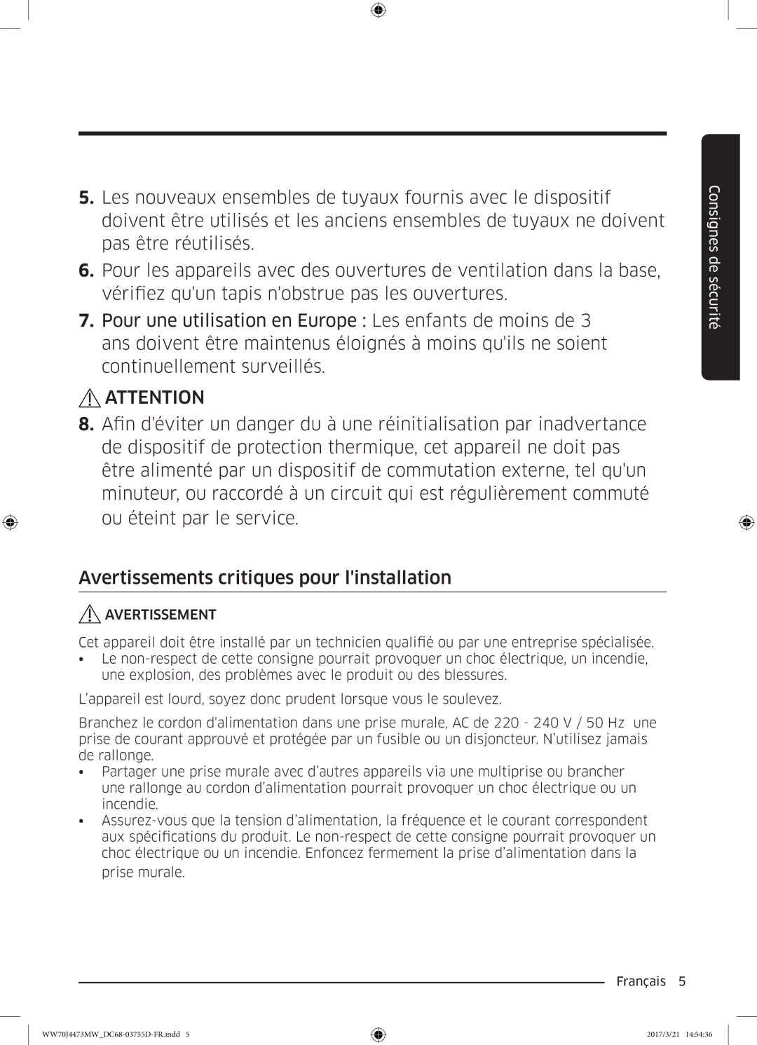 Samsung WW70J4473MW/EF, WW70J4273MW/EF manual Avertissement 