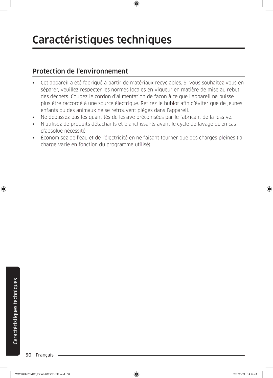 Samsung WW70J4273MW/EF, WW70J4473MW/EF manual Protection de l’environnement 