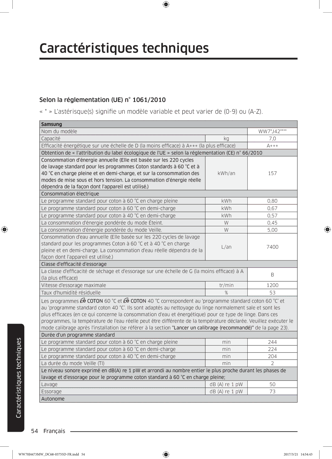 Samsung WW70J4273MW/EF, WW70J4473MW/EF manual Caractéristiques techniques 