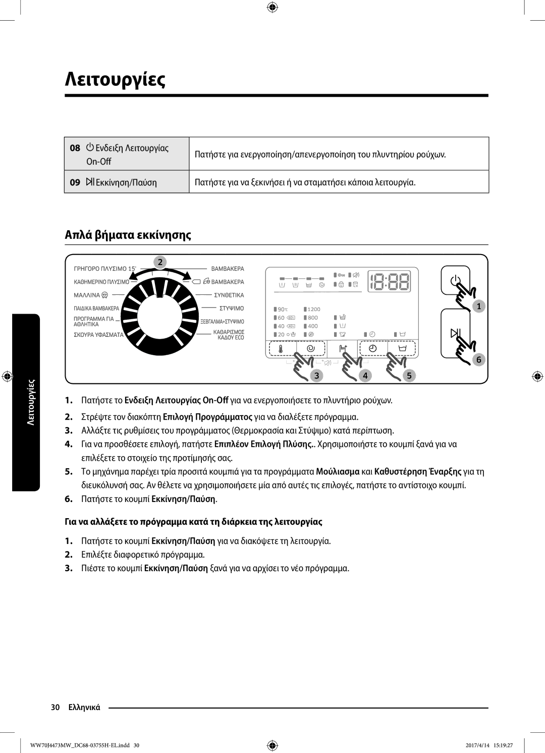 Samsung WW70J42A3MW/LV manual Απλά βήματα εκκίνησης, Πατήστε το κουμπί Εκκίνηση/Παύση 