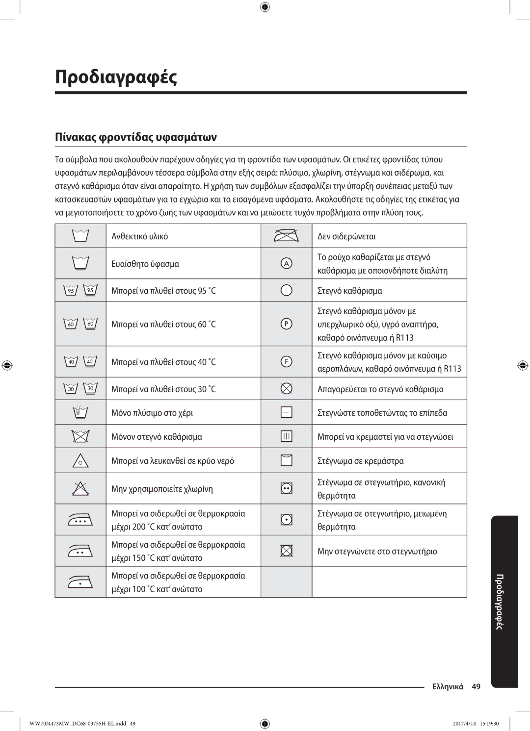 Samsung WW70J42A3MW/LV manual Προδιαγραφές, Πίνακας φροντίδας υφασμάτων, Μόνον στεγνό καθάρισμα, Μέχρι 100 ˚C κατ’ ανώτατο 