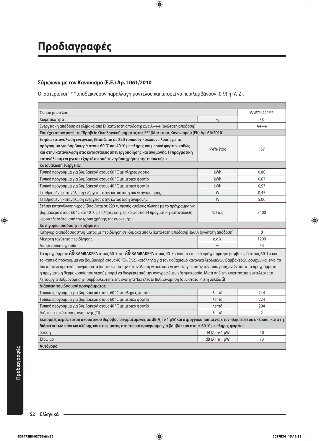 Samsung WW70J42A3MW/LV manual Σύμφωνα με τον Κανονισμό Ε.Ε. Αρ /2010, Samsung 