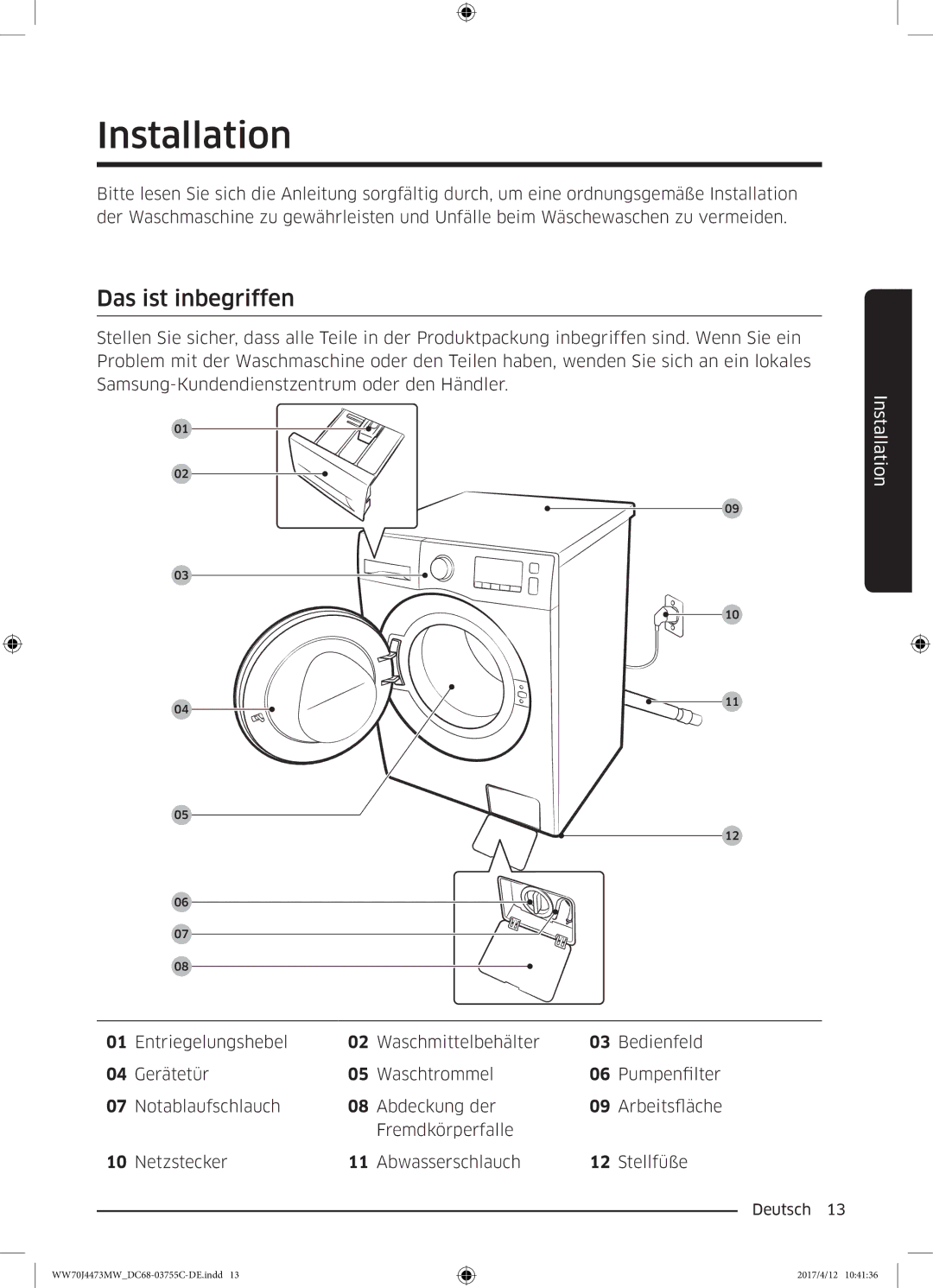 Samsung WW70J44A3MW/EG manual Installation, Das ist inbegriffen 