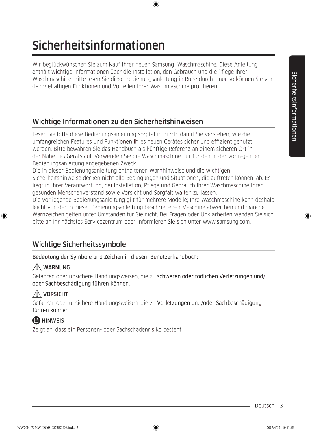 Samsung WW70J44A3MW/EG manual Sicherheitsinformationen, Wichtige Informationen zu den Sicherheitshinweisen 