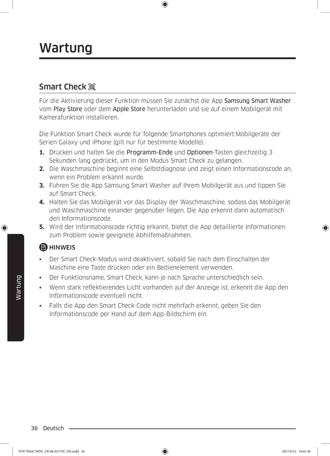 Samsung WW70J44A3MW/EG manual Smart Check 