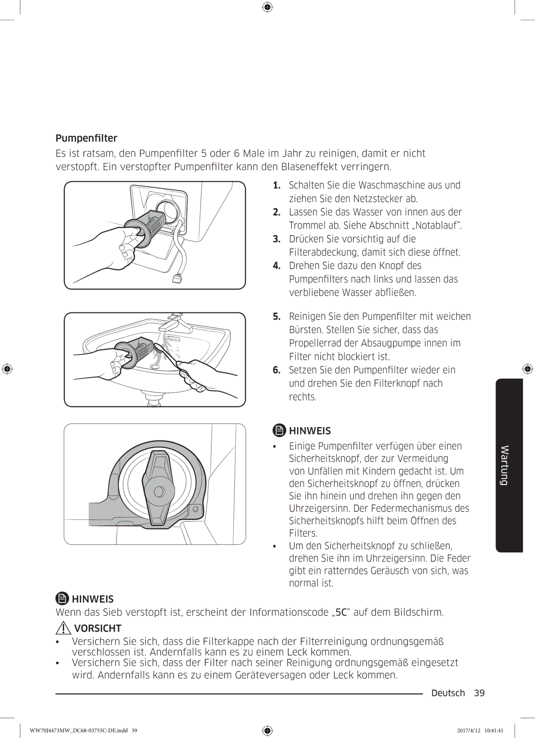 Samsung WW70J44A3MW/EG manual Vorsicht 