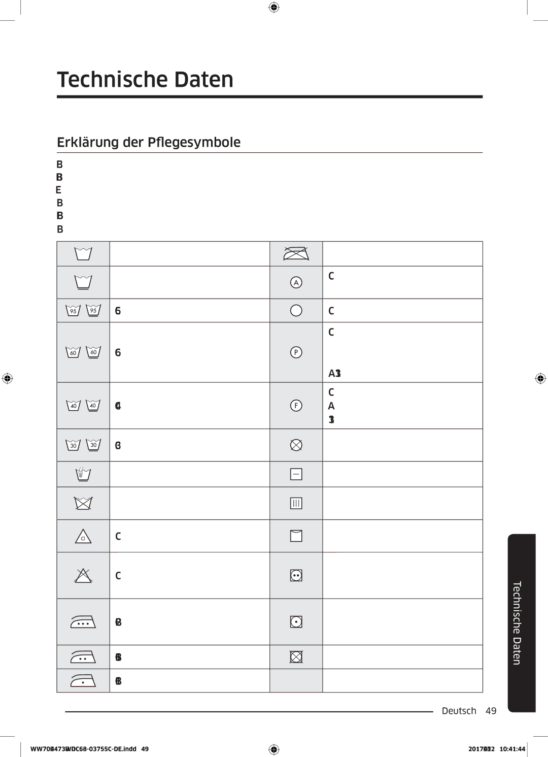 Samsung WW70J44A3MW/EG manual Technische Daten, Erklärung der Pflegesymbole 