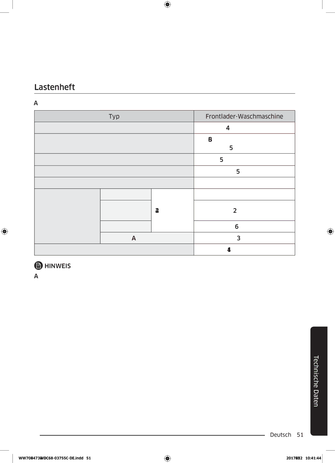 Samsung WW70J44A3MW/EG manual Lastenheft 