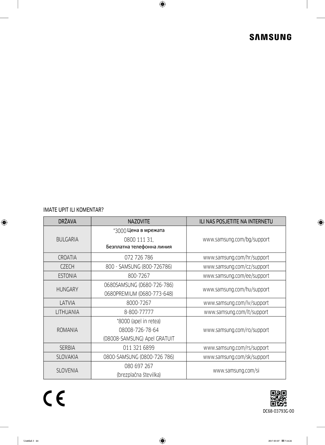 Samsung WW80J5345FW/LE, WW70J5355FW/AD, WW70J5355MW/AD, WW70J5345MW/LE manual Imate Upit ILI KOMENTAR? Država Nazovite 