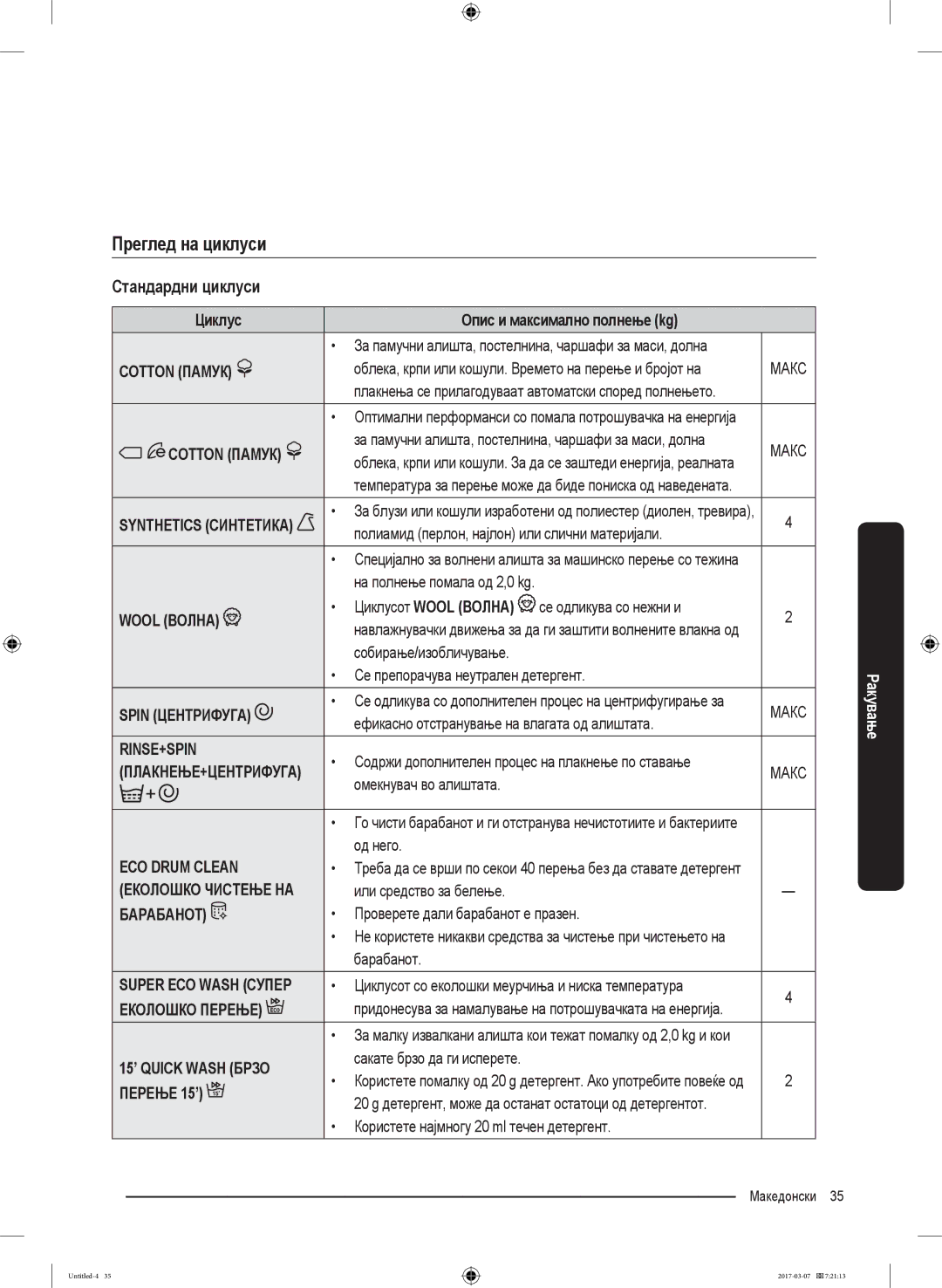 Samsung WW70J5355MW/AD manual Преглед на циклуси, Стандардни циклуси, Циклусот со еколошки меурчиња и ниска температура 