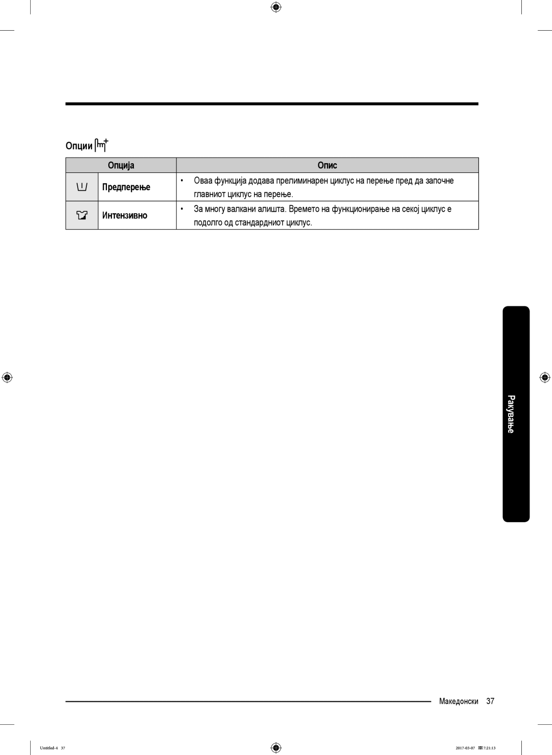 Samsung WW70J5345MW/LE, WW70J5355FW/AD, WW70J5355MW/AD Опции, Опција Опис Предперење, Главниот циклус на перење, Интензивно 